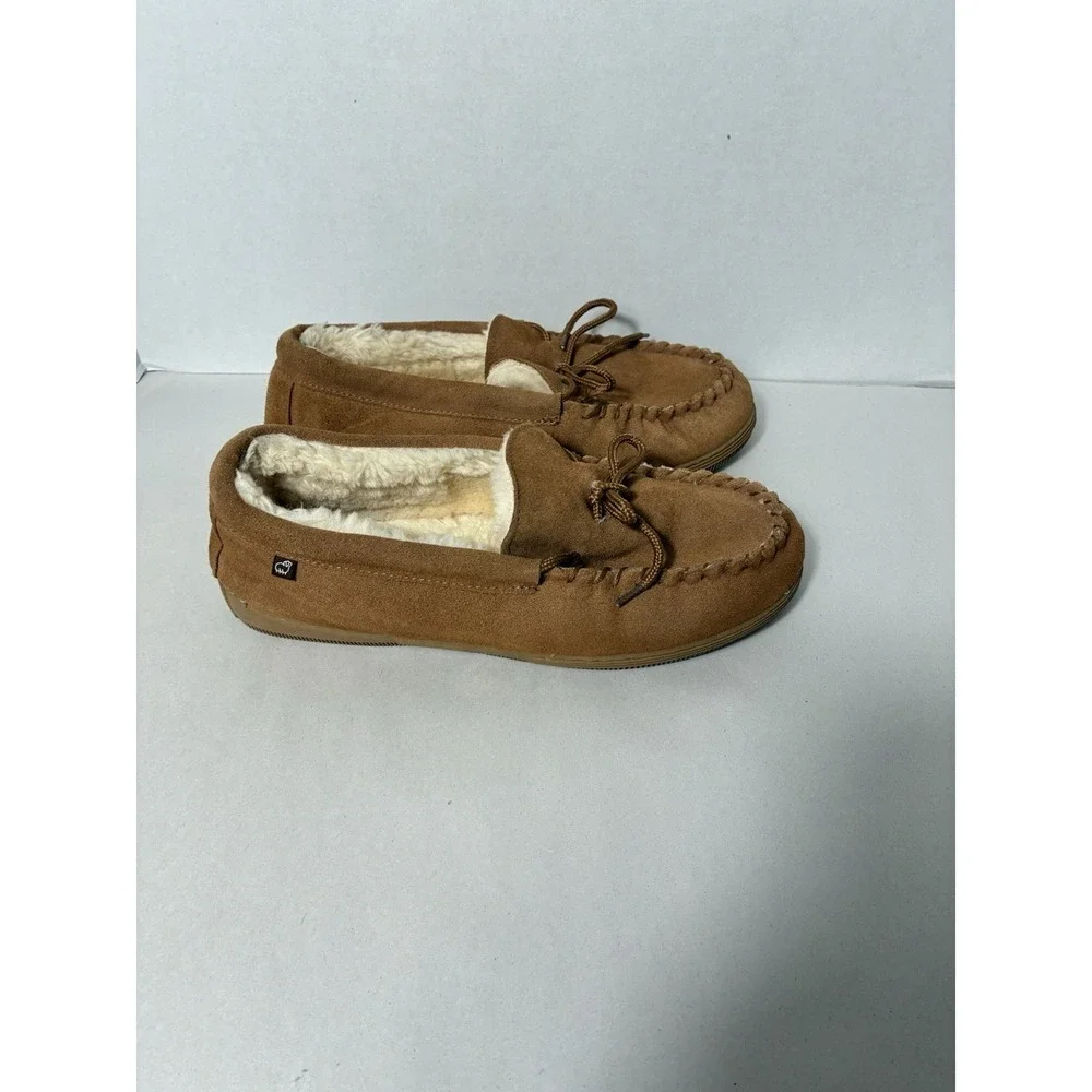 LAM Moccasin Suede Brown Slippers Faux Fur Lining Indoor / Outdoor Men's Size 10